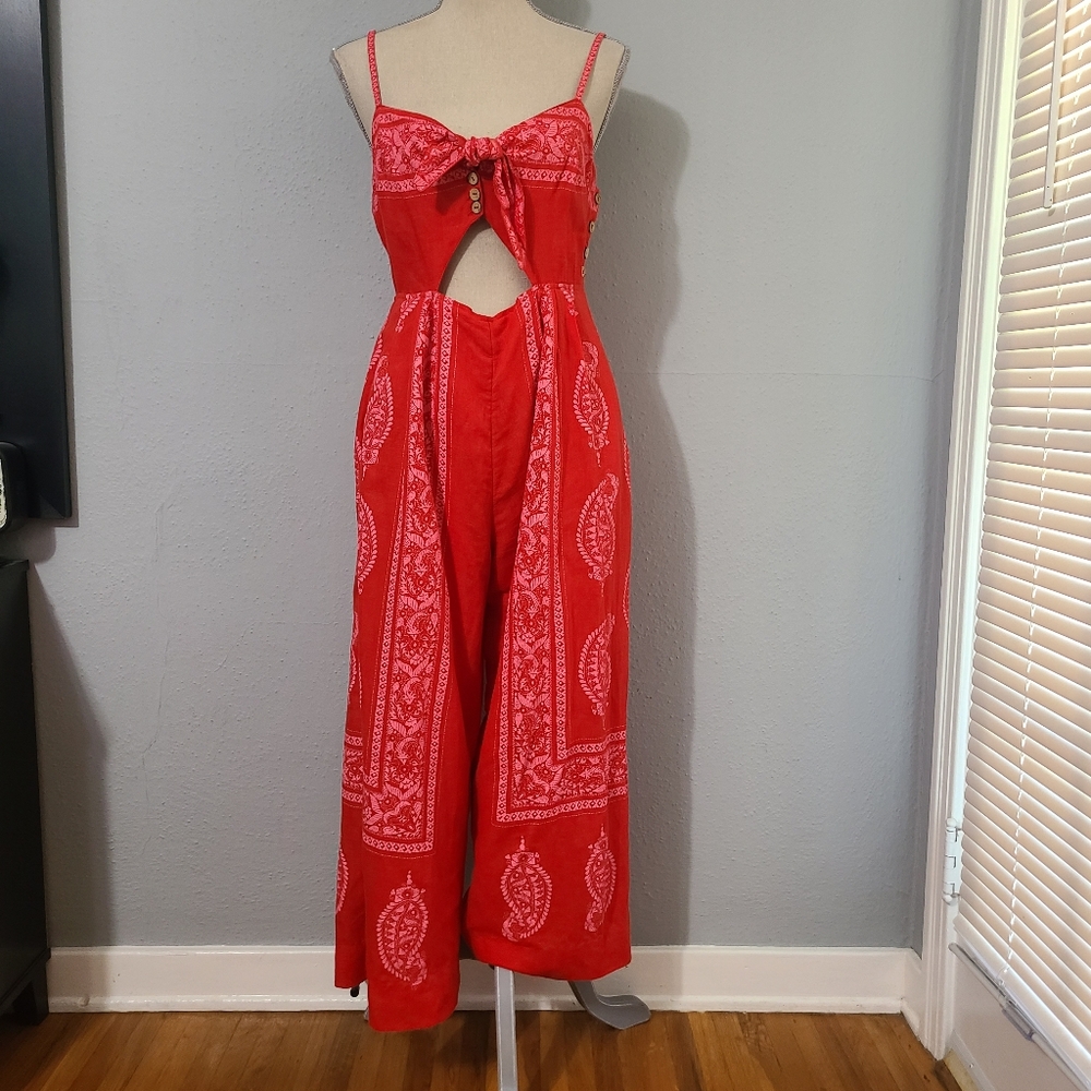 Free People Red Bandana Print Cutout Jumpsuit